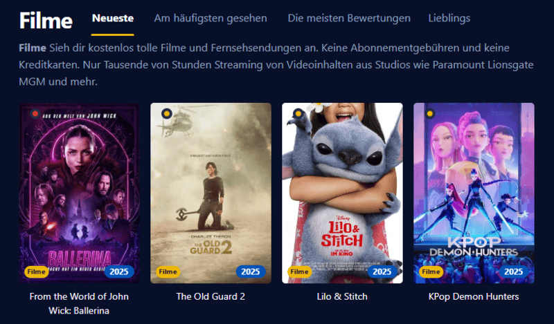 Bildschirmfoto der Filmpalast Benutzeroberfläche die verschiedene Filmtitel und Serienepisoden anzeigt
